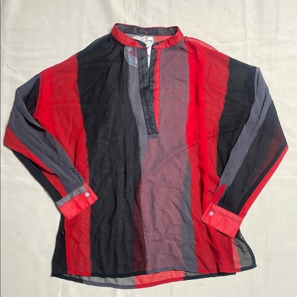 Red and Gray Sheer Blouse - Picture 4 of 11